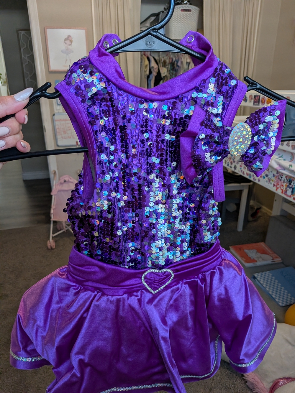 Weissman Purple Sequin Dress with Heart Belt and Bow